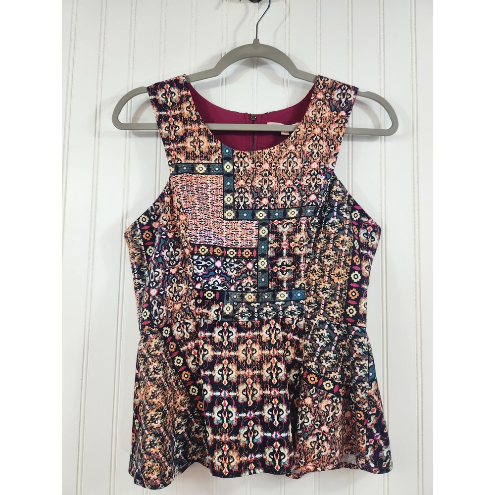 Under‎ Skies Peplum Top Multicolor Patchwork Boho Sleeveless Zip Back Size M